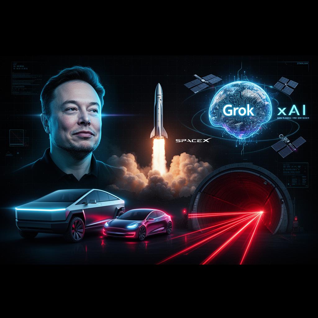 Elon Musk empire collage: Tesla, SpaceX, xAI, Starlink, Boring Company